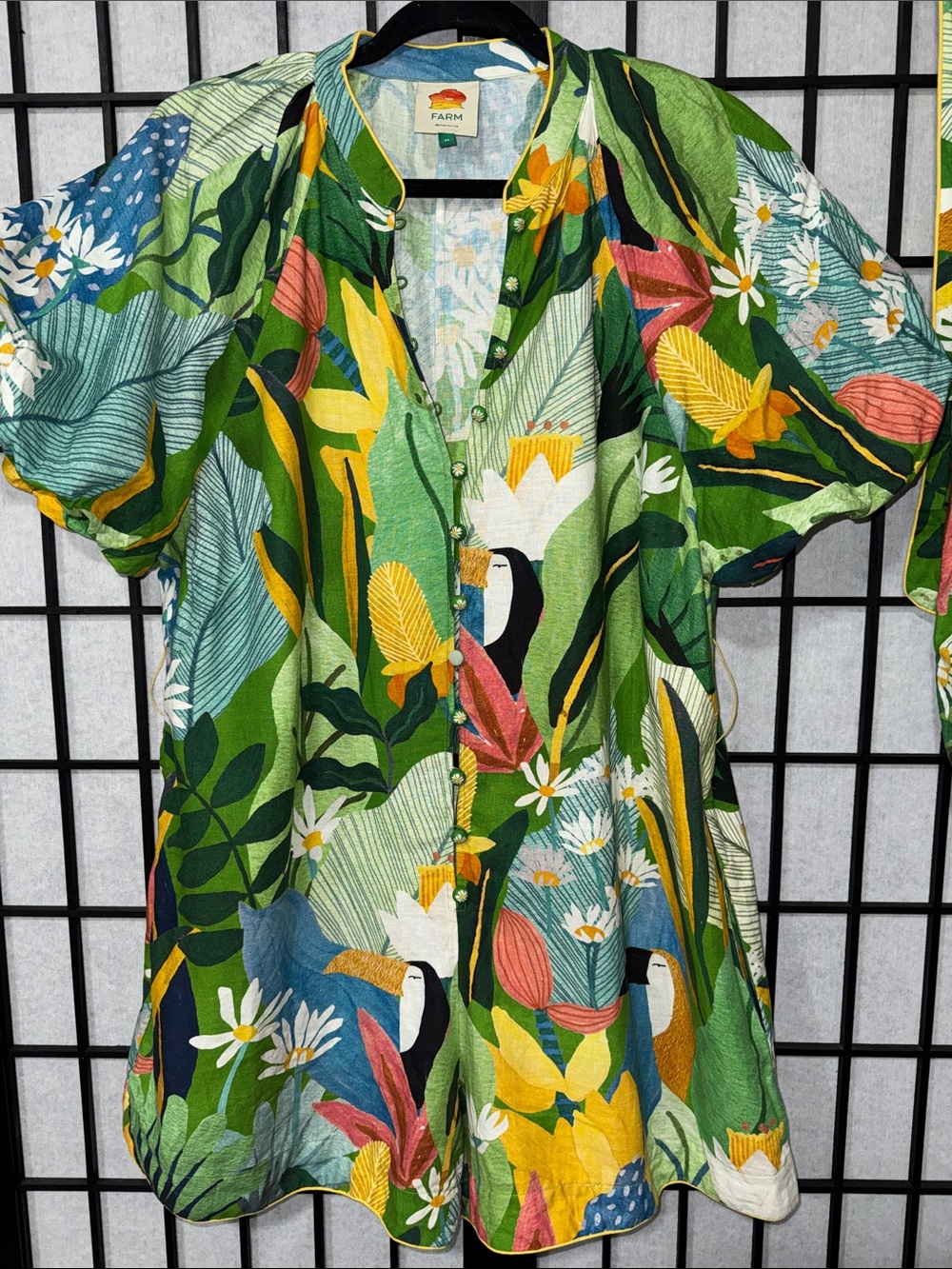 FARM Rio Vintage Toucan Tropical Floral Belted Romper Size M Green Resort - Picture 6 of 12